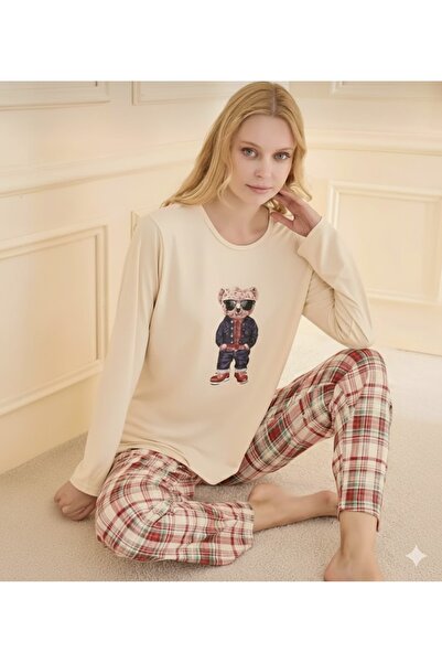 İpek Women's Long Sleeve Crew Neck Teddy Bear Pattern Pajama Set