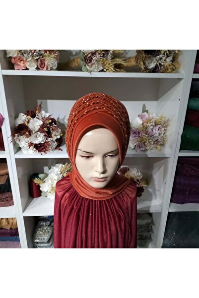 semahazırduvak kiremit rengi simli işleme detaylı model hazır türban hazır şa...