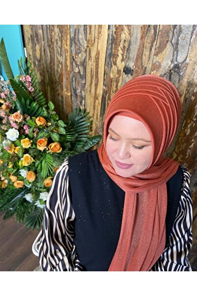 semahazırduvak kiremit rengi simli model hazır türban hazır şal abiye şal duvak