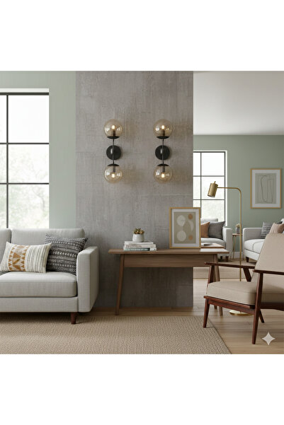 VEYRA Modern Çiftli Küre Camlı Duvar Aplilği - Siyah Gövde Bal Cam Detaylı