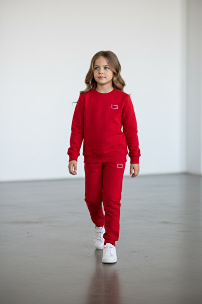 Piyera Girl's Ribbed Elastic Leg Red Tracksuit Set - 40003