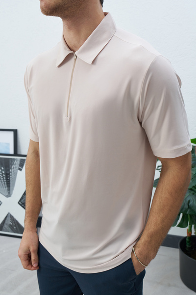 duo fideles Men's Half Zipper Polo Collar Regular Fit Super Flexible Lycra Sh...