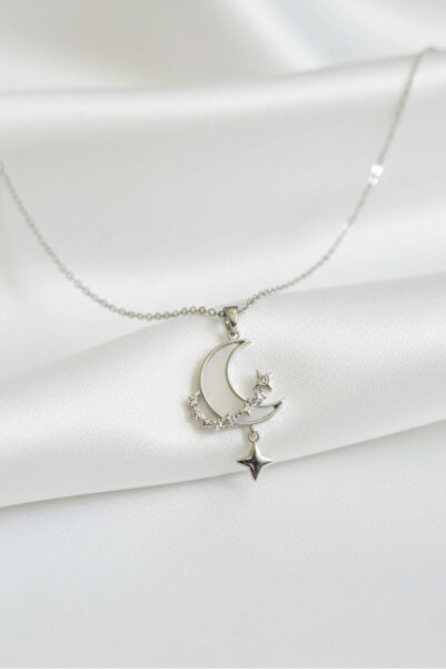 özgül takı ve tasarım Sliding Star Detailed White Moon Figured Dangle Stainle...