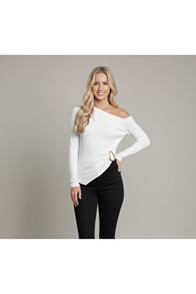 Moda Lounge New Product Off-Shoulder Buckle Detail Long Sleeve Blouse Wrinkle...