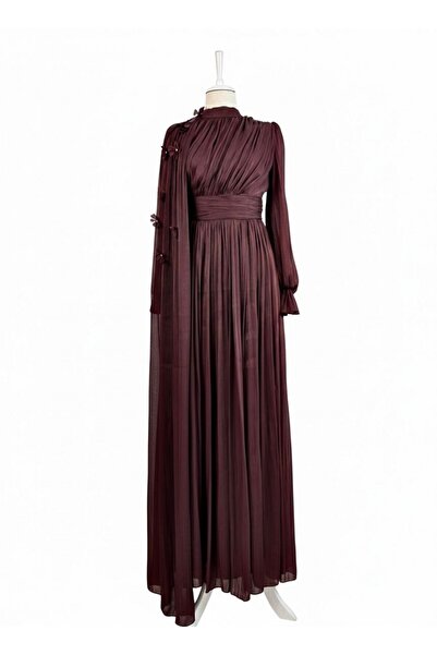 Modamorfo Draped Janjan Evening Dress with Elastic Sleeves, Rose Cape and Wai...