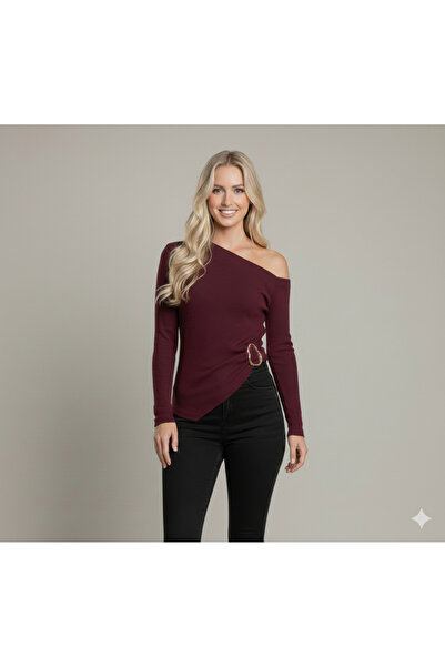 Moda Lounge New Product Off-Shoulder Buckle Detail Long Sleeve Blouse Wrinkle...