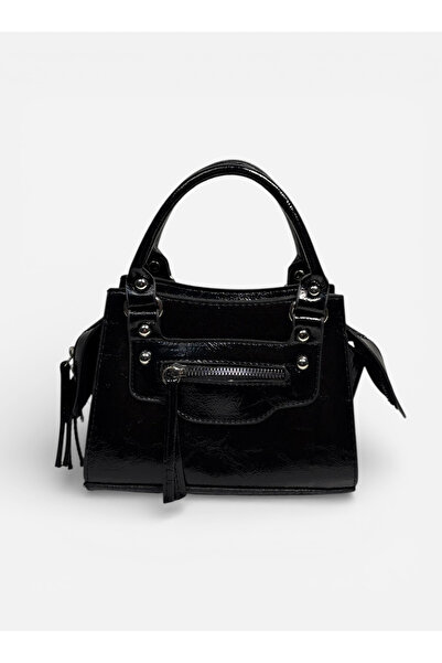 LASSERA VORLO SİYAH KADIN MİNİ RUGAN FERMUAR AKSESUARLI EL VE ÇAPRAZ ÇANTA
