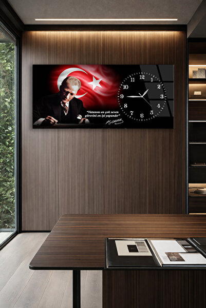 Olinpa KIRILMAZ CAM DUVAR SAATİ , HEM TABLO HEM SAAT ATATÜRK VE TÜRK BAYRAKLI...