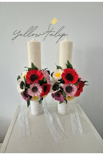 Yellow Tulip wedding candle set 35cm, natural wax, immortal sola flowers and ...