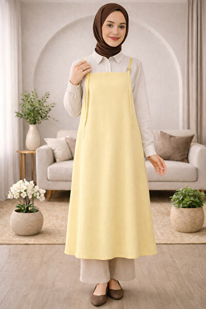 ELMODA Women's Chick Yellow Coated Woven Fabric Adjustable Rope Strap Jile Dress