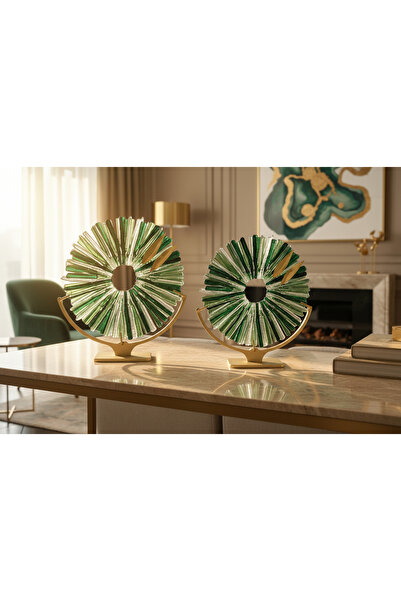 Home Füzyon Cam Dekor Yeşil/GOLD 2’li Set - Füzyon Cam Disk - Ofis Hediye/ Ev...