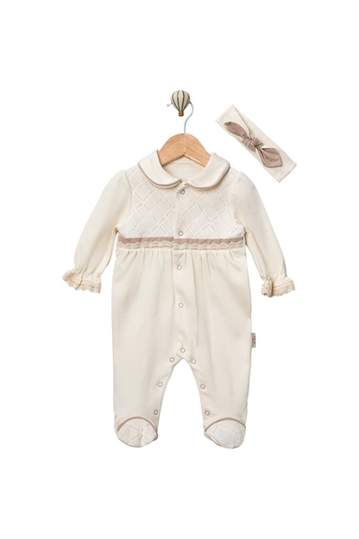 AURA Kız Bebek Ekru Dantelli Yakalı Pamuklu Tulum & Saç Bandı Seti