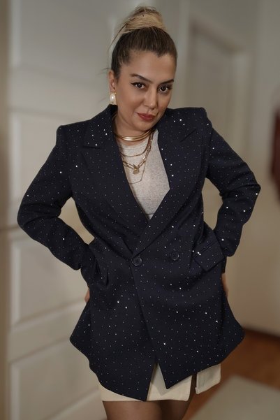 MADAMMERY Women's Navy Blue Double-Breasted Silver Color Shiny Stone Printed Evening Dress Blazer Jacket