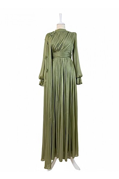 Modamorfo Draped Janjan Evening Dress with Elastic Sleeves and Rose Cape - Khaki