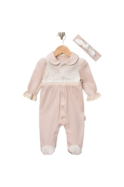 AURA Kız Bebek Ekru Dantelli Yakalı Pamuklu Tulum & Saç Bandı Seti