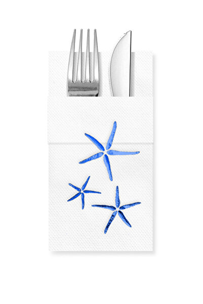 Story مناديل ورقية بيضاء اللون مقاس 40×40 سم بنمط نجوم البحر الزرقاء مع 16 جيبًا