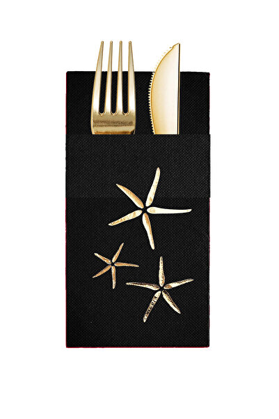 Story مناديل ورقية سوداء اللون مقاس 40×40 سم مع نمط نجوم البحر الذهبية و16 جيبًا
