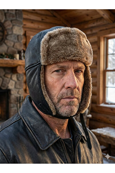 hoaryage Men's 100% Leather Pilot Hat, Kalpak, Snow Hat Peak Round Model