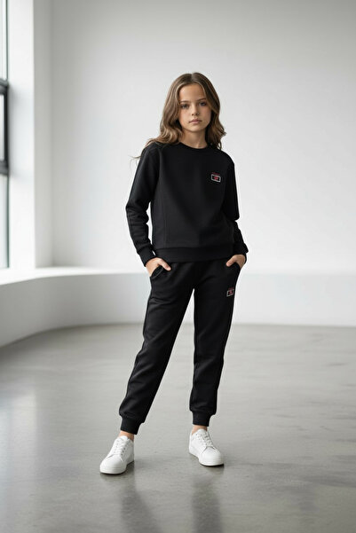 Piyera Girl's ribbed black tracksuit set with elasticated cuffs - 40003