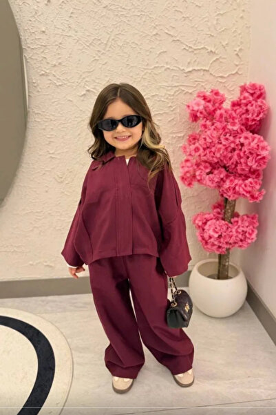 Kidmark Çocuk Modası Girl's Jacket and Wide-Leg Trousers Burgundy Set
