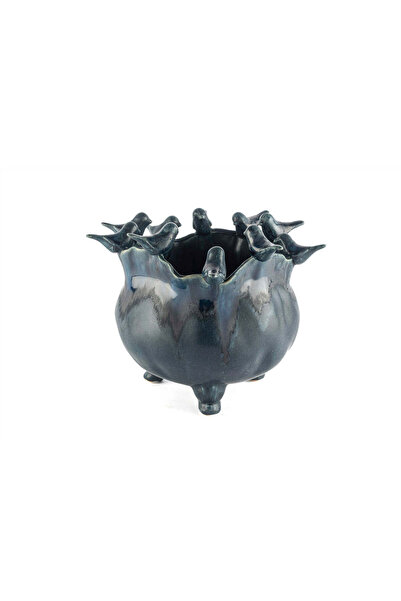 YASAR CONCEPT Volare Bird Embossed Vase Navy Blue 28X24 cm