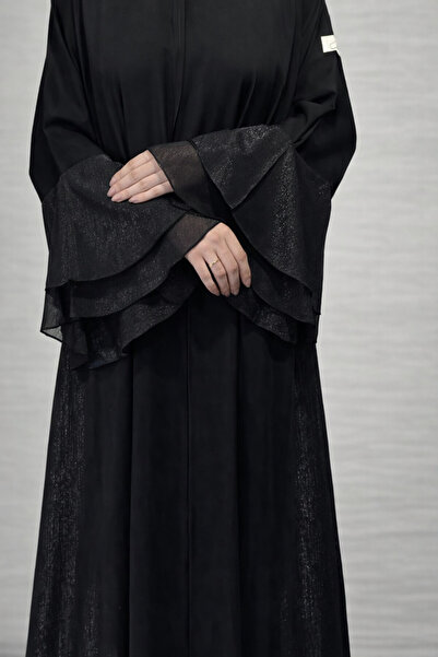 Karmen Black chiffon abaya with a quarter-circle silhouette, chiffon sleeves,...