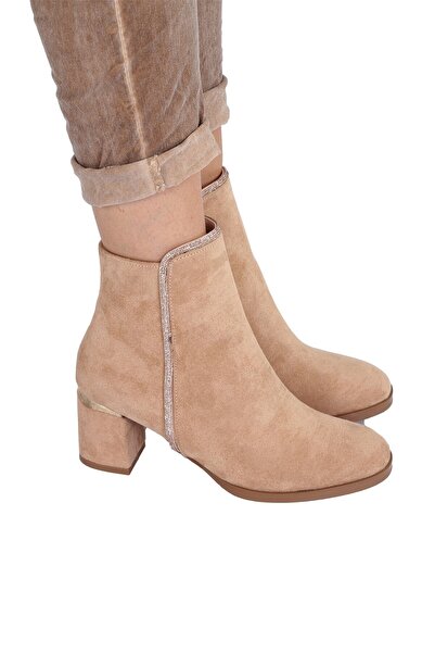 PANDORA MODA Suede Stone Detailed Side Zipper Heeled Boots