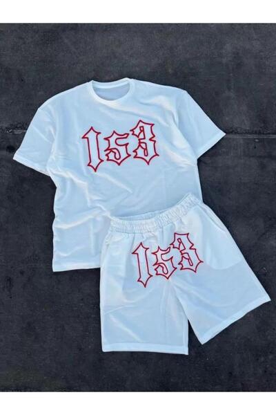 Modatıkla Erkek Nakış İşlemeli Şortlu Takım - Beyaz