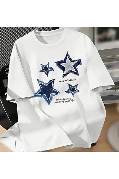 LELVANİ Blue Star Pattern Print White Tshirt