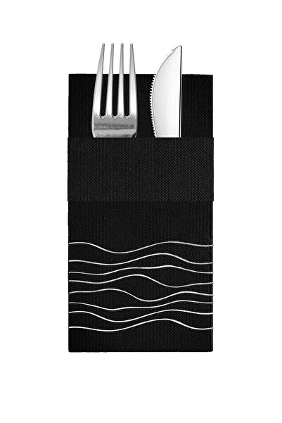 Story مناديل ورقية سوداء اللون مقاس 40×40 سم مع نمط خطوط متموجة من ورق الفضة ...