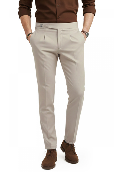 Rizz up Men's Beige Stretch Fabric Italian Cut Pleated Belt Buckle Stylish Fa...