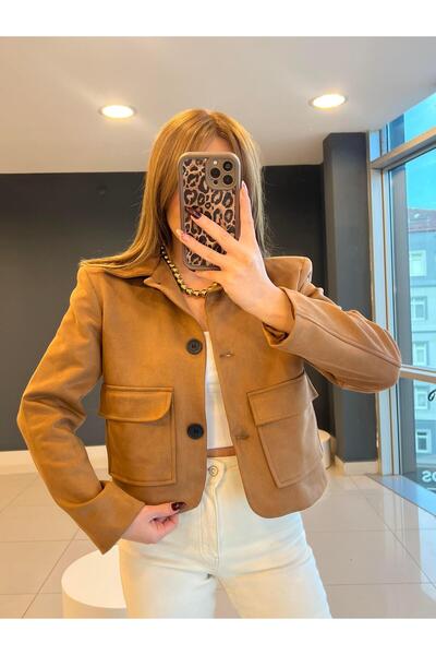 Ecenin Favorileri Tan suede cropped women's jacket with flap pocket