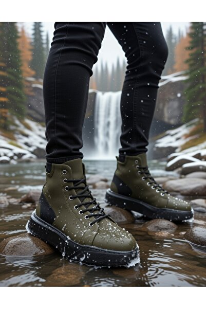 VELLINA Erkek Günlük Haki Siyah Klasik Bot Bağcıklı Boğazlı Suni Deri Suya Da...