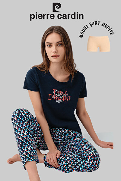 Pierre Cardin Women's Navy Blue Wide Collar Pocket Detailed Pajama Set (Modal...