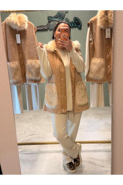 PUREVA سترة من الفرو الصناعي والجلد مع تونيك من الجلد المودال