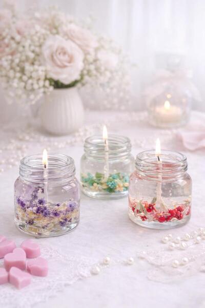 Mumoda Candle House Kurutulmuş Çiçekli Cam Kavanoz Mum – 3’lü Set | El Yapımı...