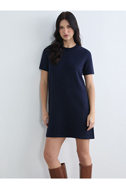 LC Waikiki Navy Blue Crew Neck Stone Mini Knit Dress