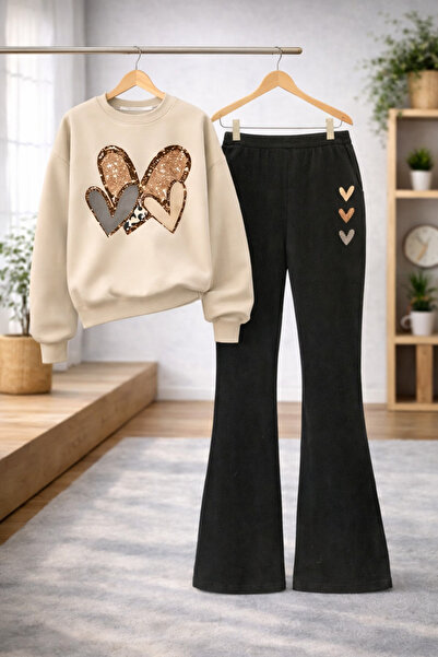 Kids Kalp Baskılı Bej-Siyah Kışlık İspanyol Paça Takım
