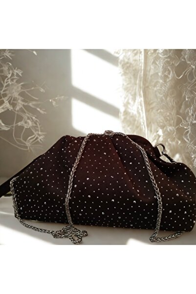 bag Taş Detaylı Zincirli Çapraz Askılı Şık Omuz ve El Çantası KAHVERENGİ