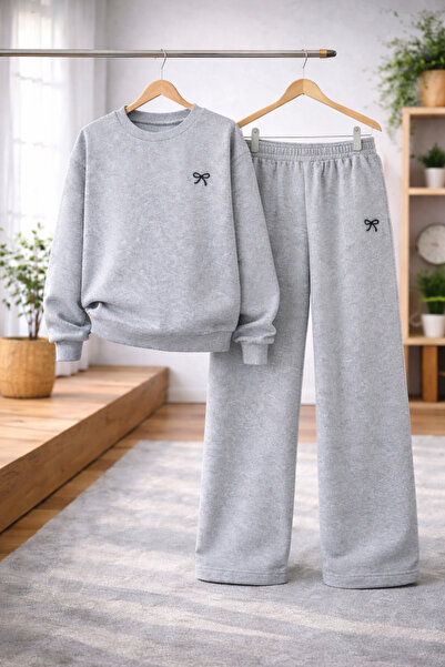 Kids Kurdele Baskılı Pamuklu Gri Alt-Üst Takım