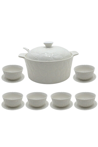 Al Nokhba طقم أواني شوربة من البورسلين الأبيض مكون من 15 قطعة، مع ستة أطباق م...