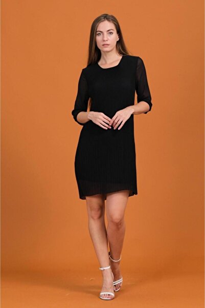 ZY BUTİK Black Three Quarter Sleeve Pleated Chiffon Dress