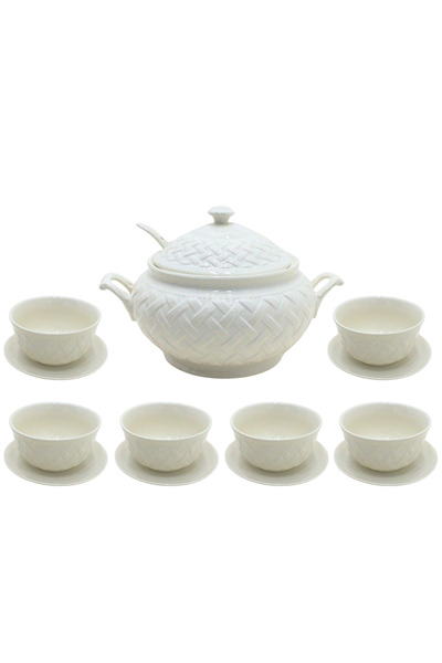 Al Nokhba طقم أواني شوربة من البورسلين الأبيض مكون من 15 قطعة، مع ستة أطباق م...