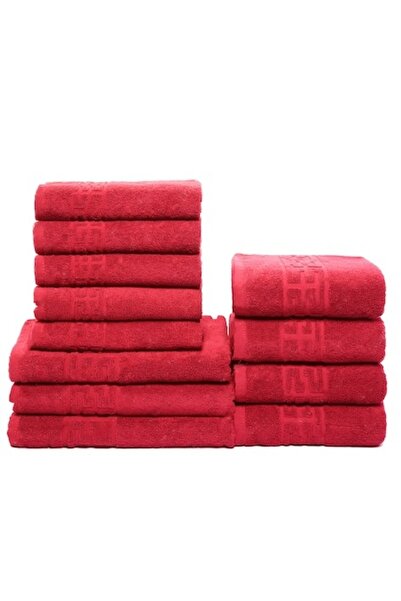 Plush Set of 12 Towels for Hands/Face/Body, 100% Cotton, 550 g/m², Red