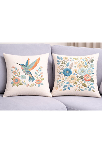 Piloji 2'li Nakış Görünümlü Dijital Baskılı Kırlent Seti - Koltuk Yastığı 43x...