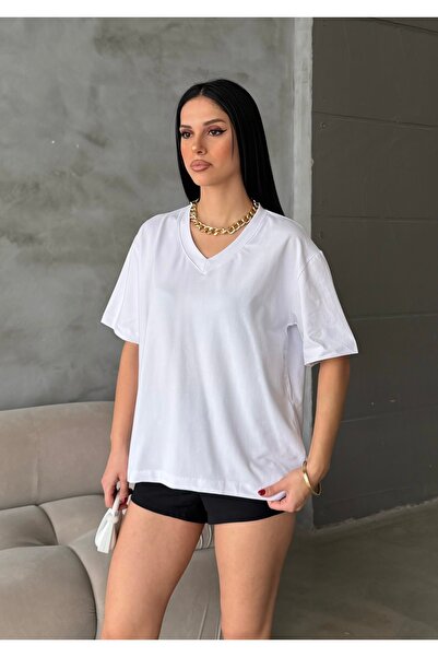 BEJNA Women's V-Neck Collar Oversized 100% Cotton Basic T-Shirt