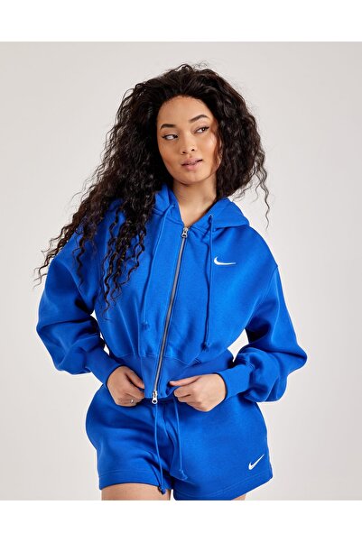 Nike Women's Blue Loose Fit Fleece-Lined Hooded Full Length Zippered Crop Swe...