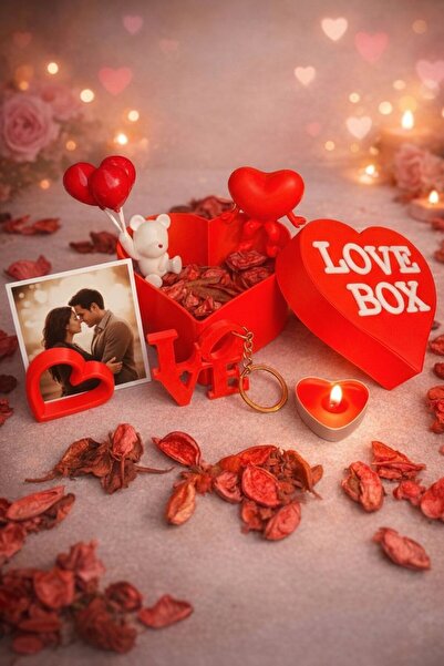 MD Design Sevgililer Günü Love Box Hediye Seti 6 Parça Kalpli Kutu Mum Anahta...