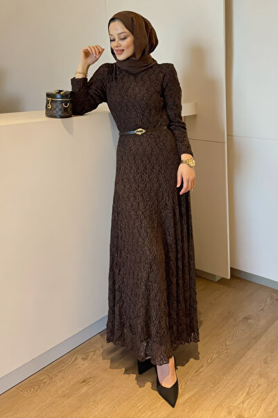 Asya Karen Lace Lined Belted Long Dress