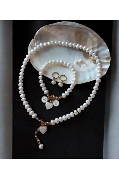 Taşmir Sertifikalı Gerçek Doğal Inci Kolye Bileklik Küpe Set Harf Charm Pasla...